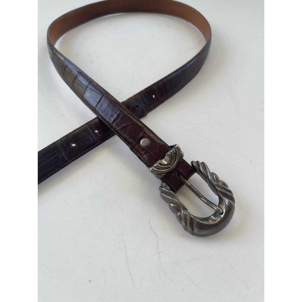 Vintage 80s ONYX Brown Croco Leather Silver Rounded Buckle Belt Size 36
